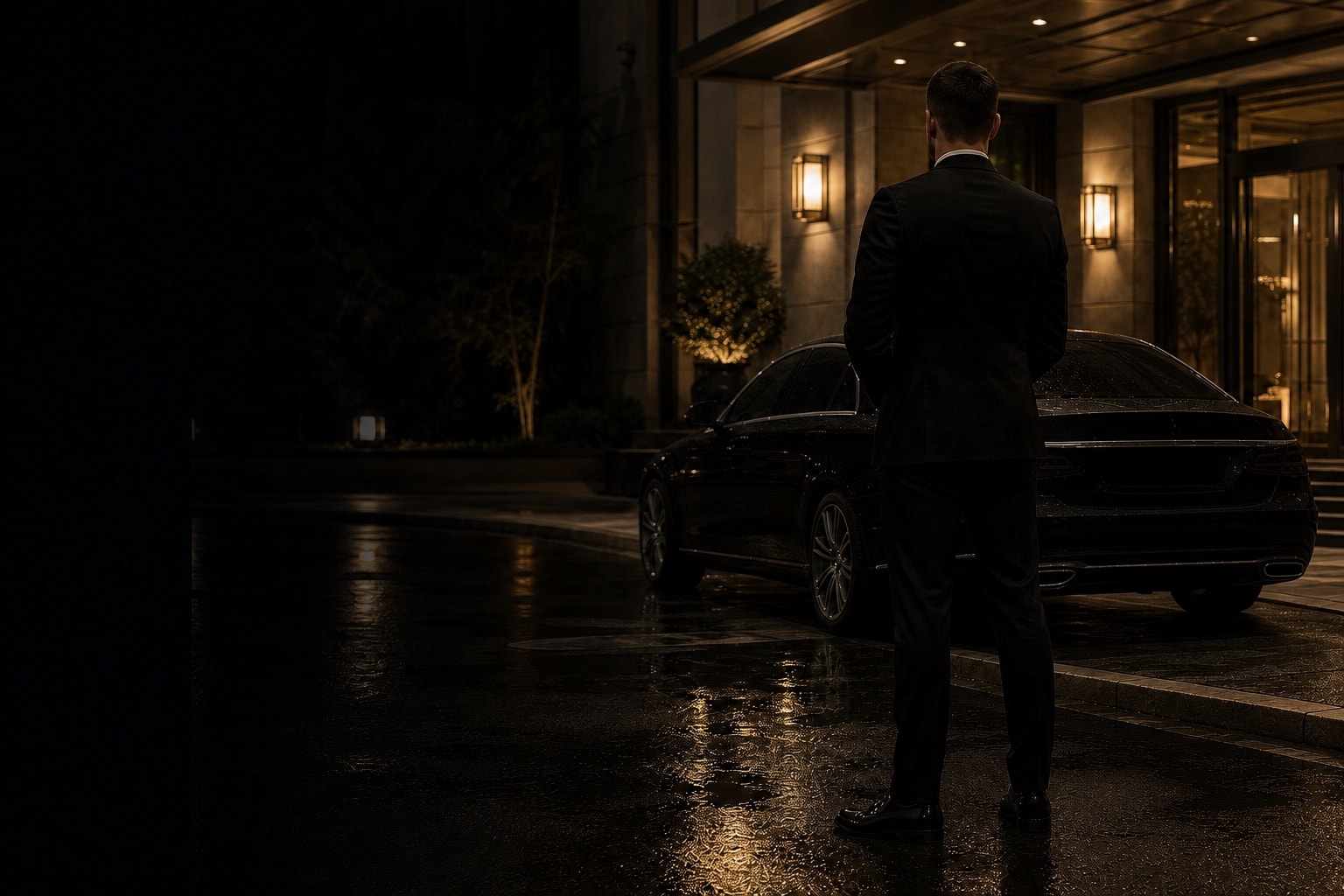 An Avelis close-protection officer beside a luxury vehicle at a hotel entrance at night